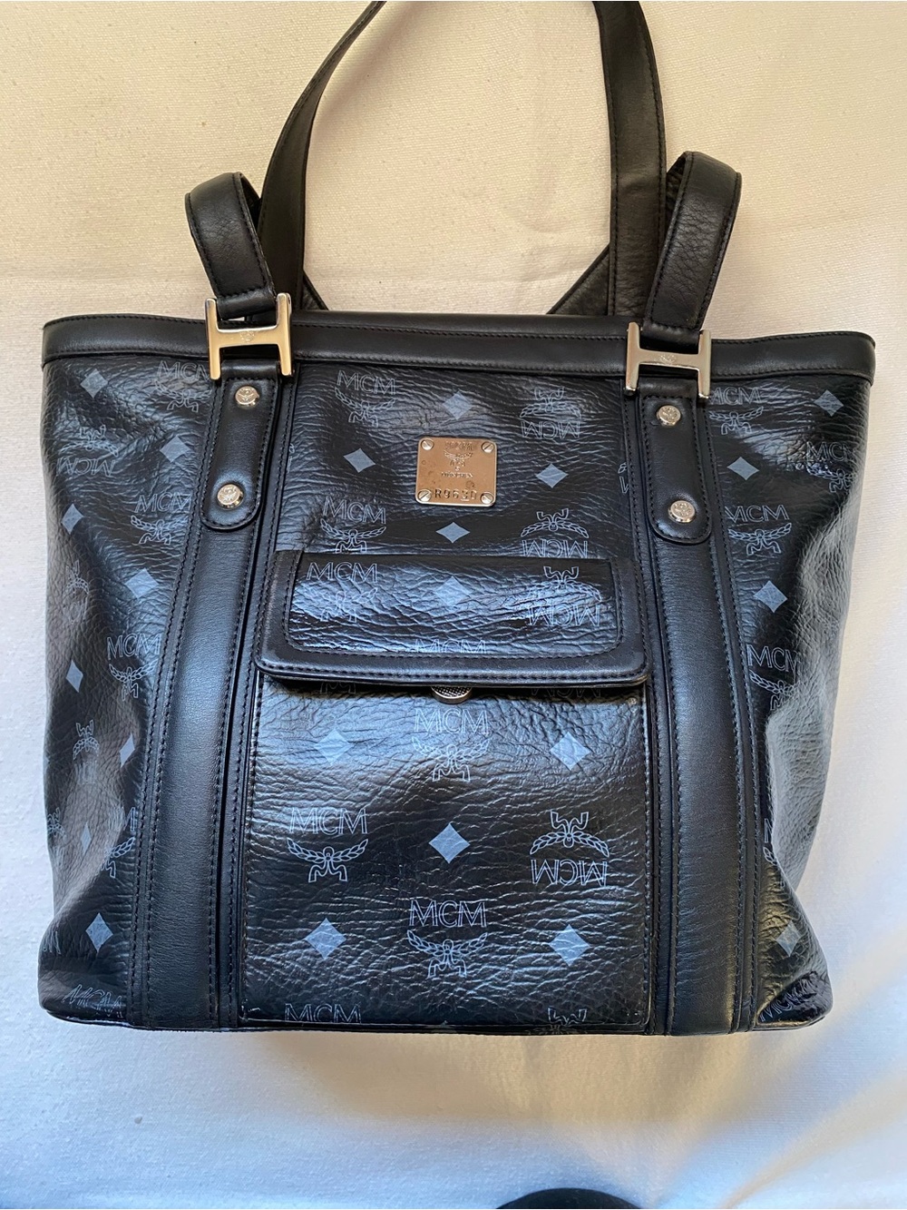 MCM Black Monogram Coated Canvas Tote with Gold Hardware